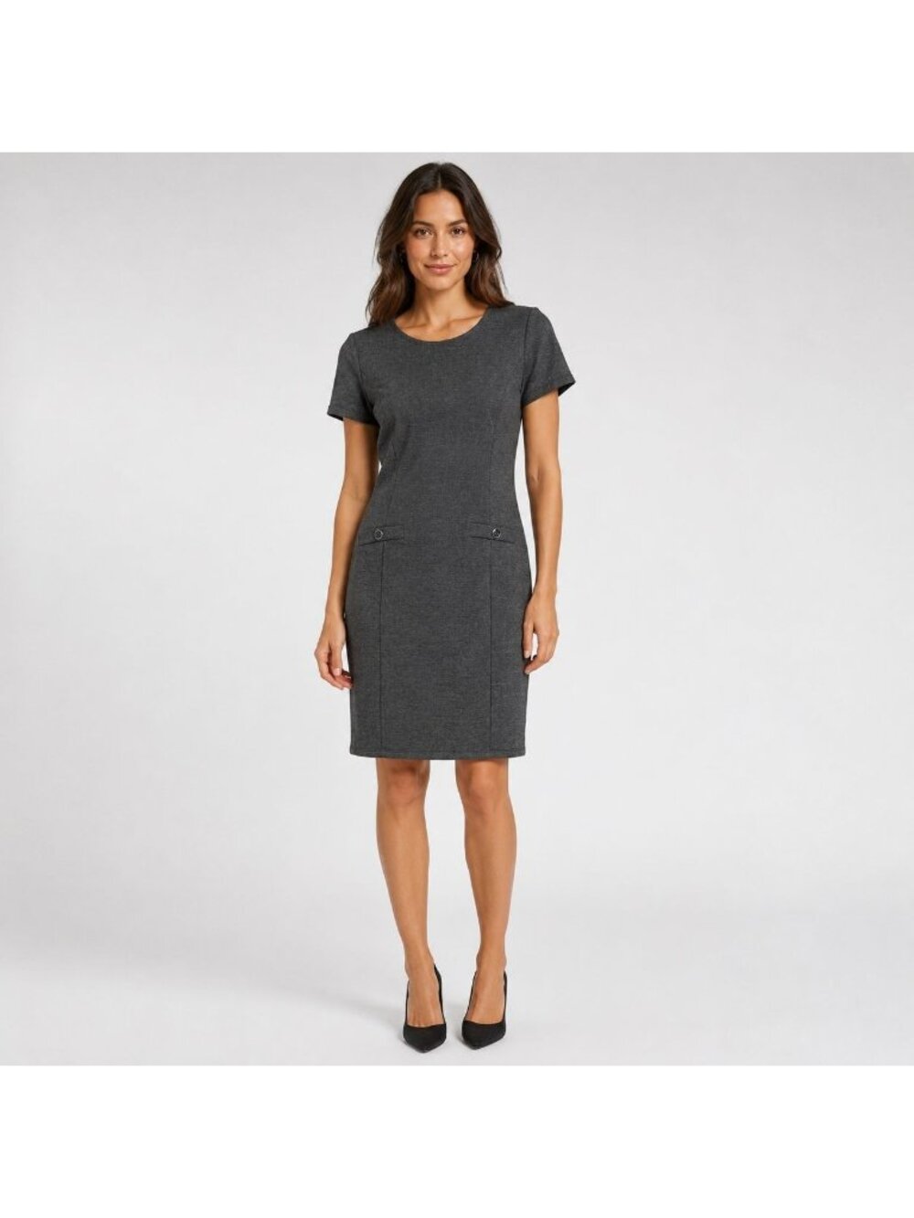 En Focus Petite Women Gray Short Sleeve Knee Length  Dress Size 10P